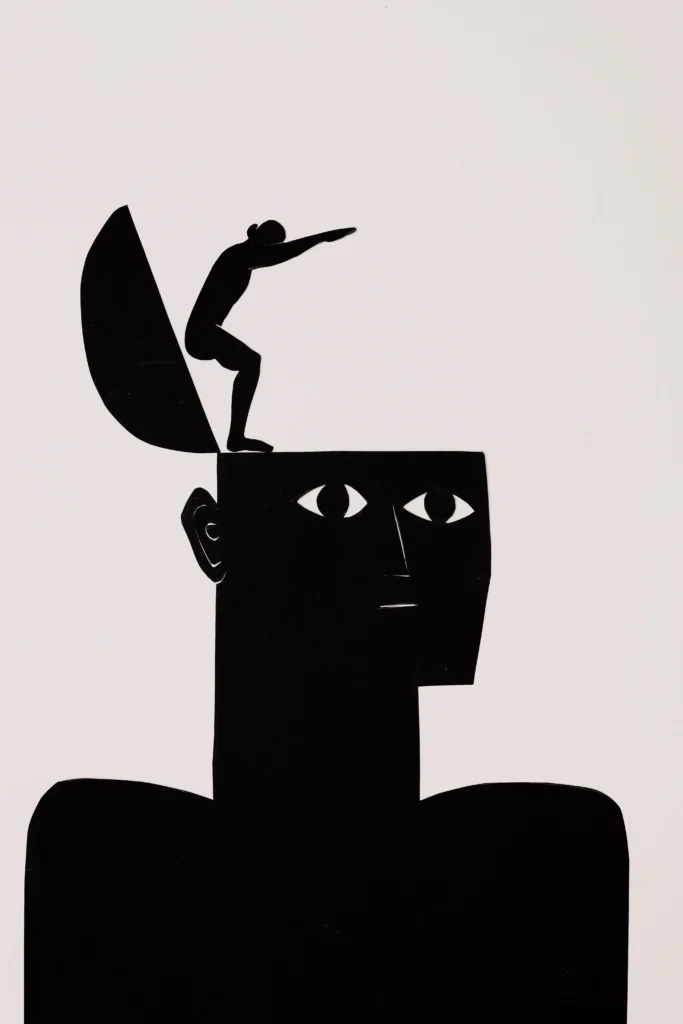 Illustrazione concettuale di una testa aperta con una figura umana che indica l'esterno, simbolo della memoria e dell'effetto Google